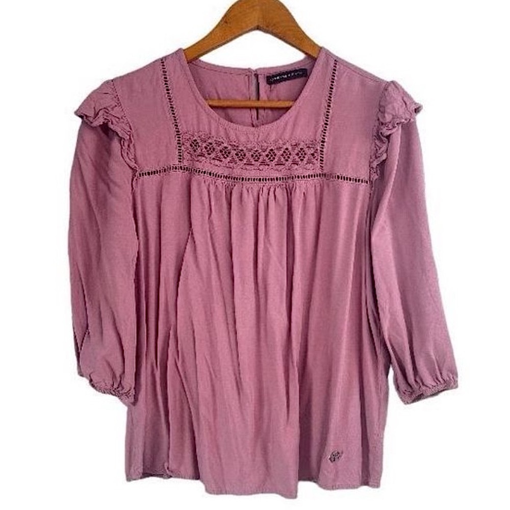 Adrienne Vittadini Blouse Round Neck Boxy Fit Ruffeled Long Sleeve Mauve Pink L